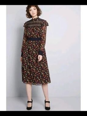 Modcloth Black Floral Lace Yoke Long Sleeve Midi Dress